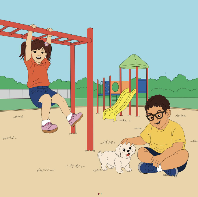 Interior illustration from Food Mood showing Lulu playing on monkey bars while Barry sits in the park petting a small dog.