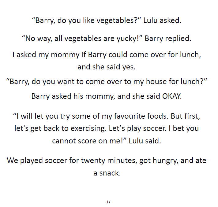 Interior text page from Food Mood where Lulu asks Barry if he likes vegetables and invites him to exercise and try some of her favourite foods.